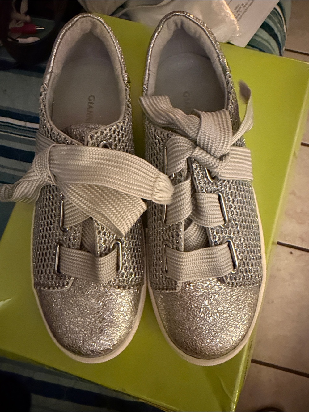 Gianni Bini Silver Glitter Women's Sneakers with Ribbon Laces
